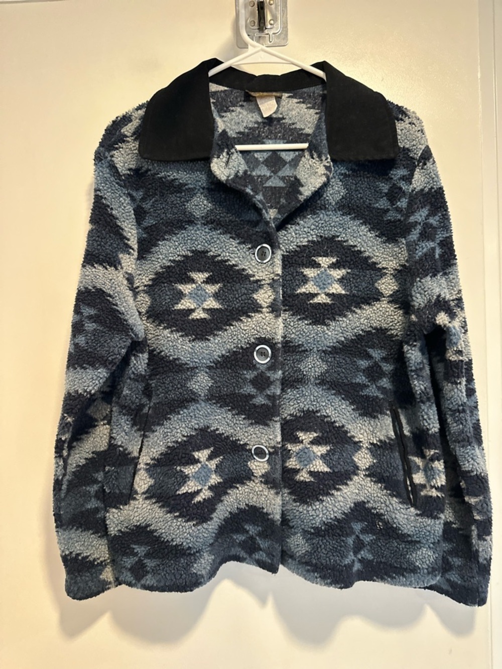 Vintage 90s David Paul Blue Gray Southwest Aztec Boxy Fleece Streetwear jacket.